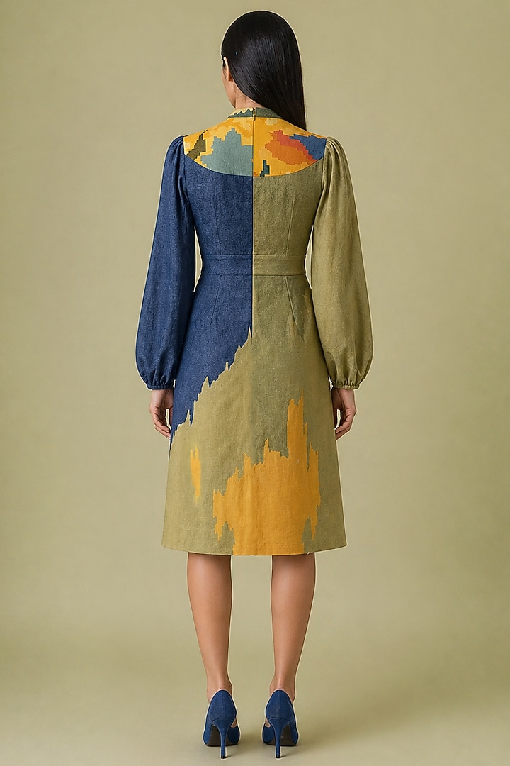 Mustard Olive Korean Linen Ikat Printed Scalloped Midi Vacation Dress by CLOS at Pernia's Pop Up Shop