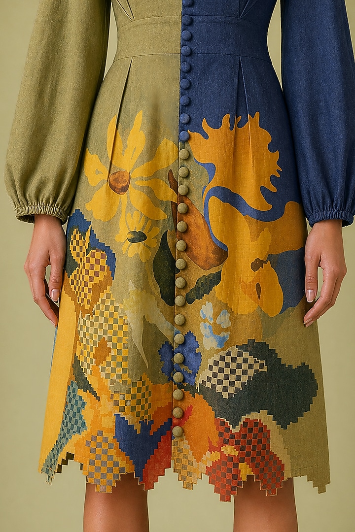 Mustard Olive Korean Linen Ikat Printed Scalloped Midi Vacation Dress by CLOS at Pernia's Pop Up Shop
