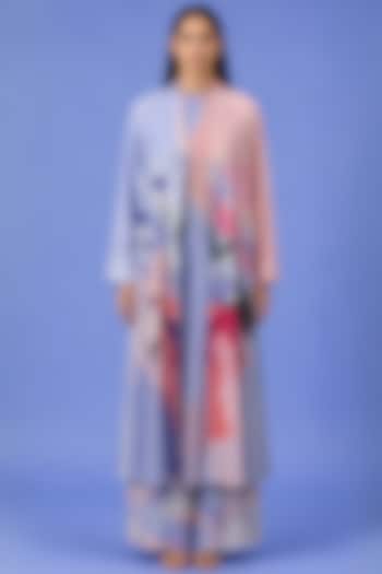 Powder Blue Korean Linen Floral Printed Jacket Set by CLOS at Pernia's Pop Up Shop