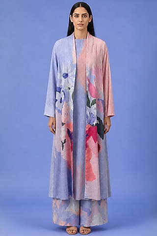 Powder Blue Korean Linen Floral Printed Jacket Set by CLOS