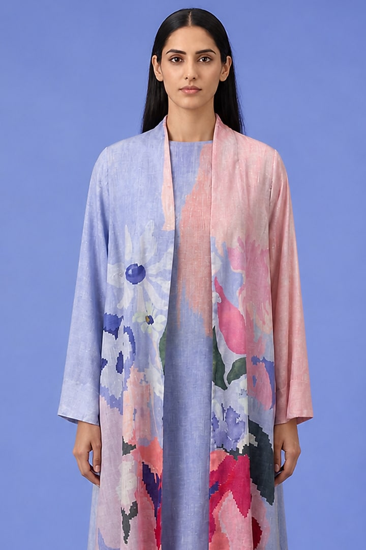 Powder Blue Korean Linen Floral Printed Jacket Set by CLOS at Pernia's Pop Up Shop