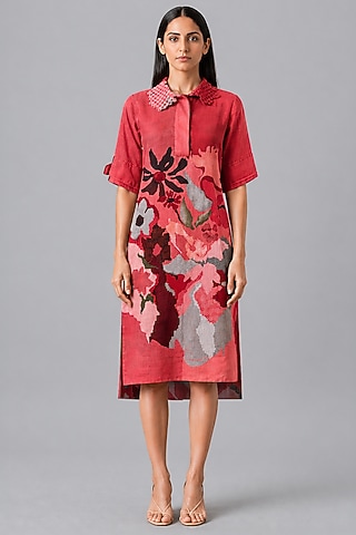 Crimson Rose Korean Linen Floral Printed Shirt Dress by CLOS