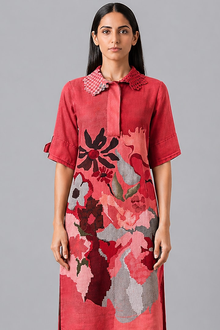Crimson Rose Korean Linen Floral Printed Vacation Shirt Dress by CLOS at Pernia's Pop Up Shop