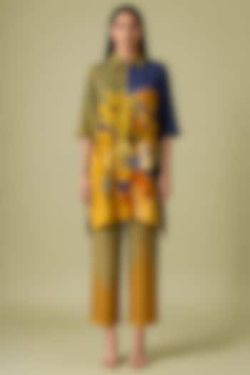 Mustard Olive Korean Linen Abstract Floral Print Kurta Set by CLOS at Pernia's Pop Up Shop