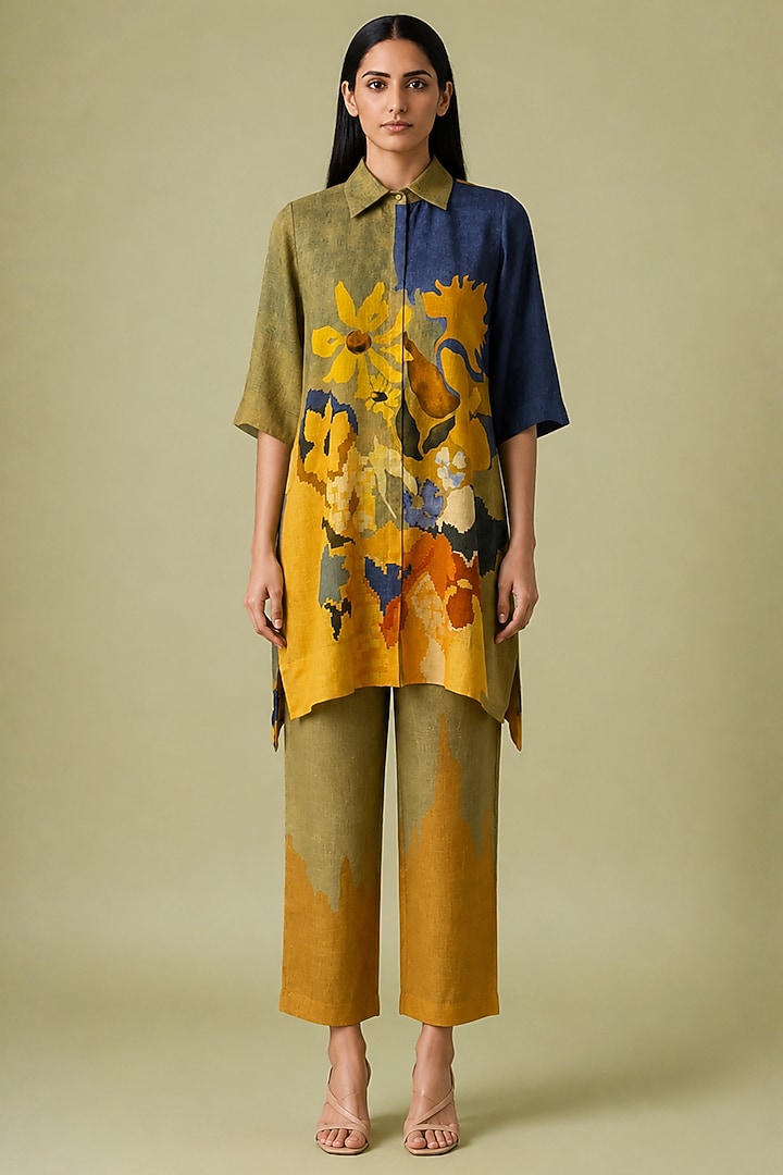Mustard Olive Korean Linen Abstract Floral Print Kurta Set by CLOS at Pernia's Pop Up Shop