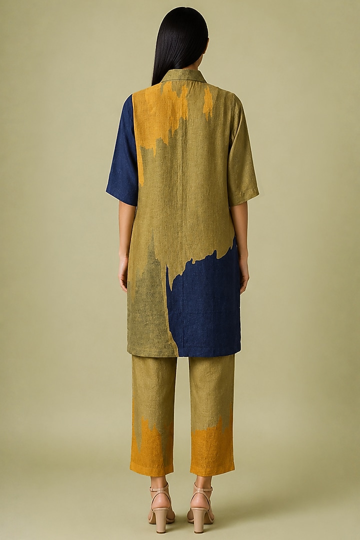 Mustard Olive Korean Linen Abstract Floral Print Kurta Set by CLOS at Pernia's Pop Up Shop