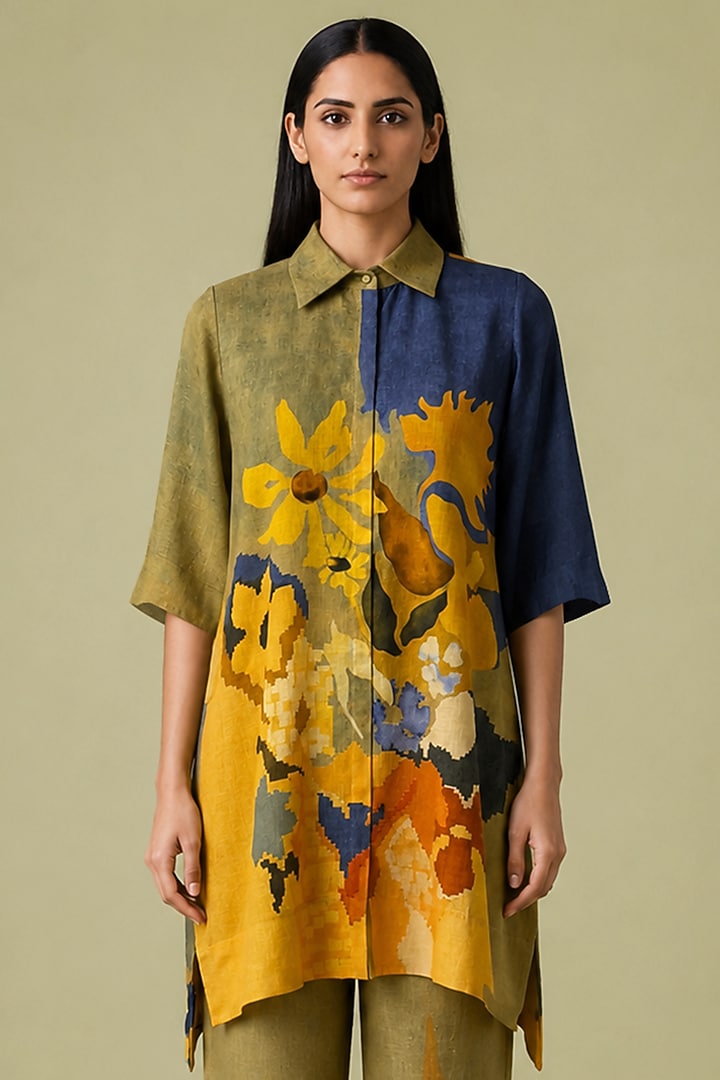 Mustard Olive Korean Linen Abstract Floral Print Kurta Set by CLOS at Pernia's Pop Up Shop