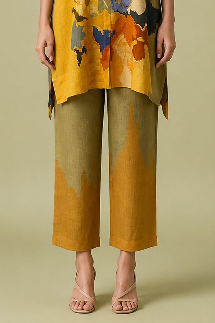 Mustard Olive Korean Linen Abstract Floral Print Kurta Set by CLOS at Pernia's Pop Up Shop
