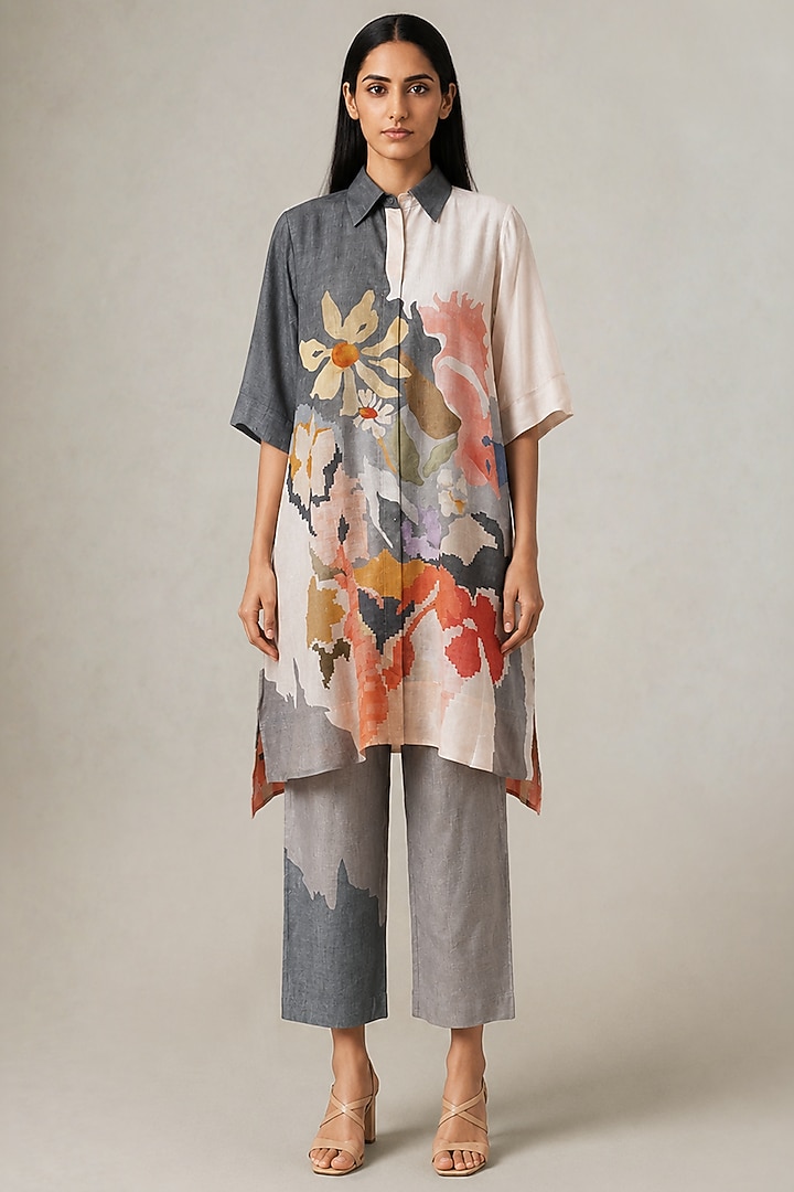 Slate Ivory Korean Linen Abstract Floral Printed Kurta Set by CLOS at Pernia's Pop Up Shop