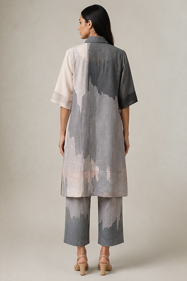 Slate Ivory Korean Linen Abstract Floral Printed Kurta Set by CLOS at Pernia's Pop Up Shop