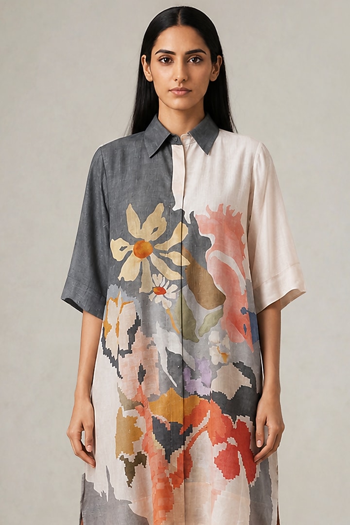 Slate Ivory Korean Linen Abstract Floral Printed Kurta Set by CLOS at Pernia's Pop Up Shop