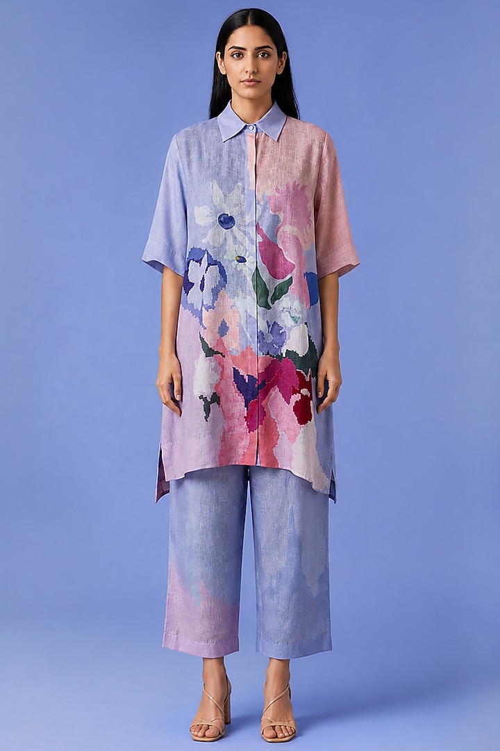 Powder Blue Korean Linen Abstract Floral Printed Kurta Set by CLOS at Pernia's Pop Up Shop