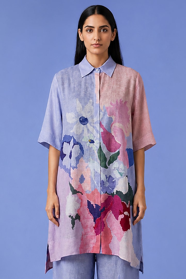 Powder Blue Korean Linen Abstract Floral Printed Kurta Set by CLOS at Pernia's Pop Up Shop