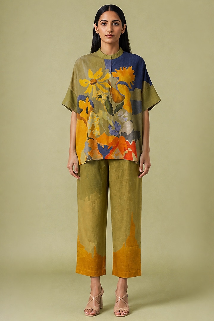 Mustard Olive Korean Linen Abstract Printed Co-Ord Set by CLOS at Pernia's Pop Up Shop