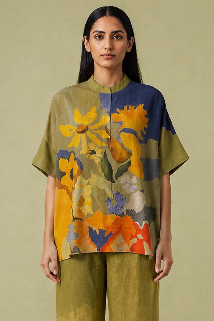 Mustard Olive Korean Linen Abstract Printed Co-Ord Set by CLOS at Pernia's Pop Up Shop