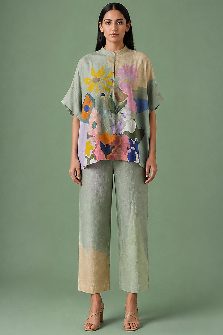 Sage Olive Korean Linen Abstract Printed Co-Ord Set by CLOS at Pernia's Pop Up Shop