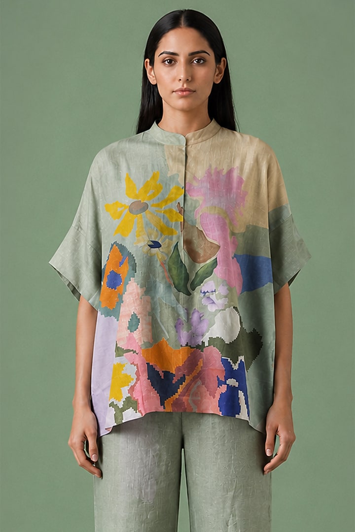 Sage Olive Korean Linen Abstract Printed Co-Ord Set by CLOS at Pernia's Pop Up Shop