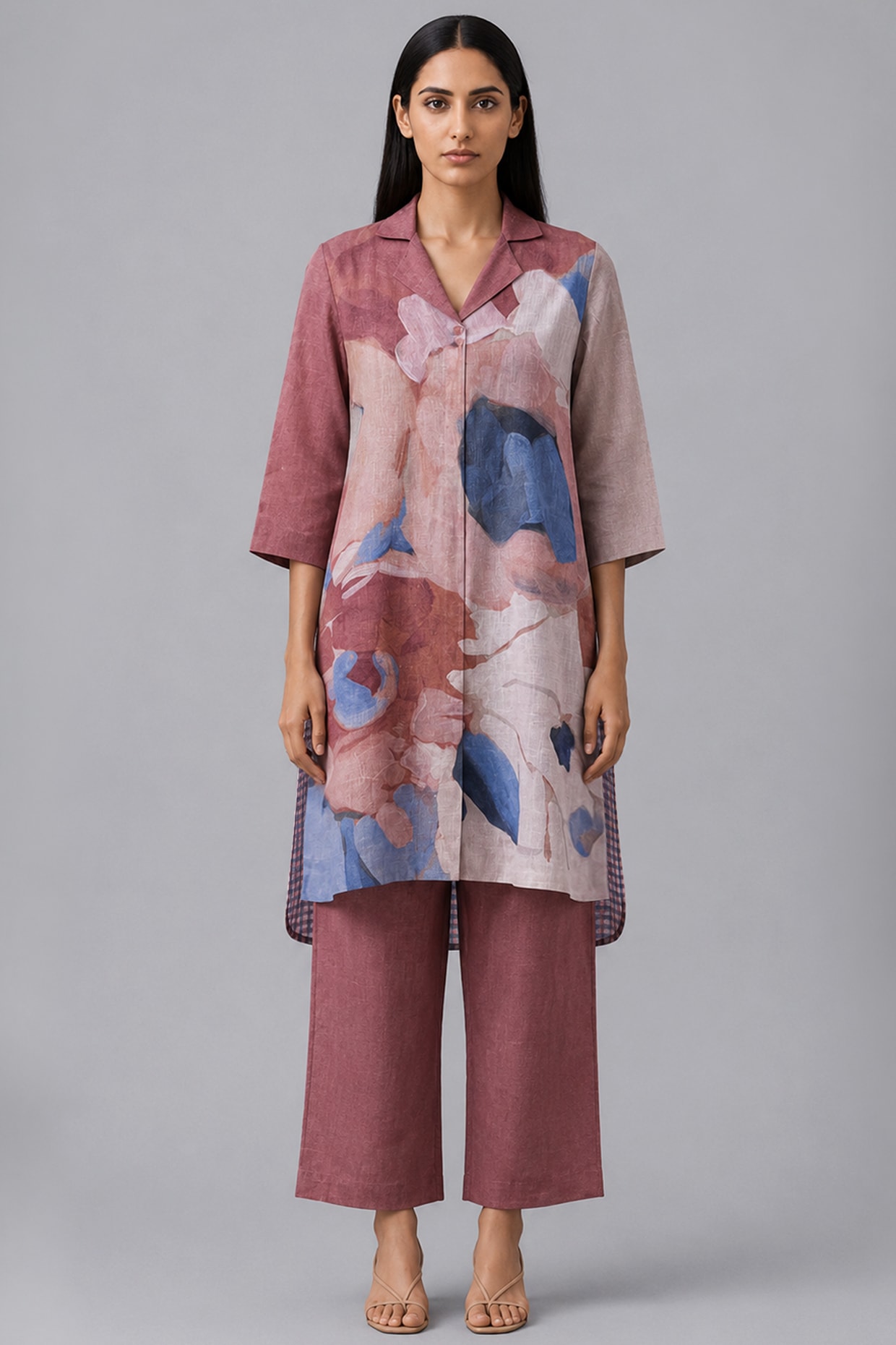 CLOS Dusty Berry Korean Linen Vela Printed Kurta Set