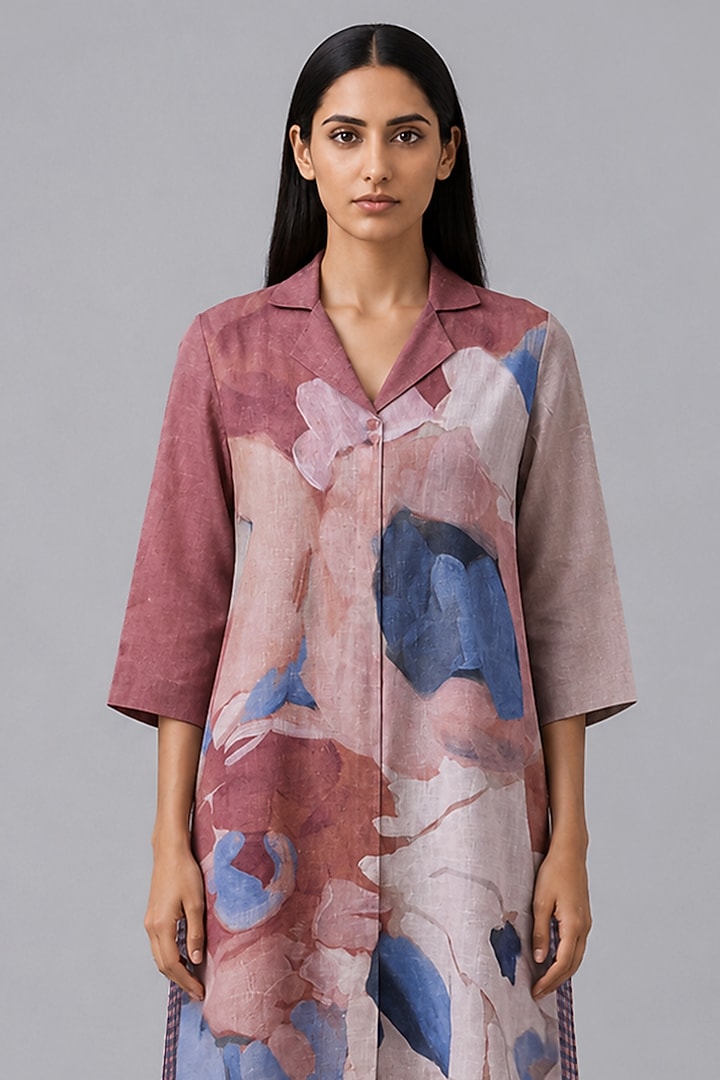 Dusty Berry Korean Linen Vela Printed Kurta Set by CLOS at Pernia's Pop Up Shop