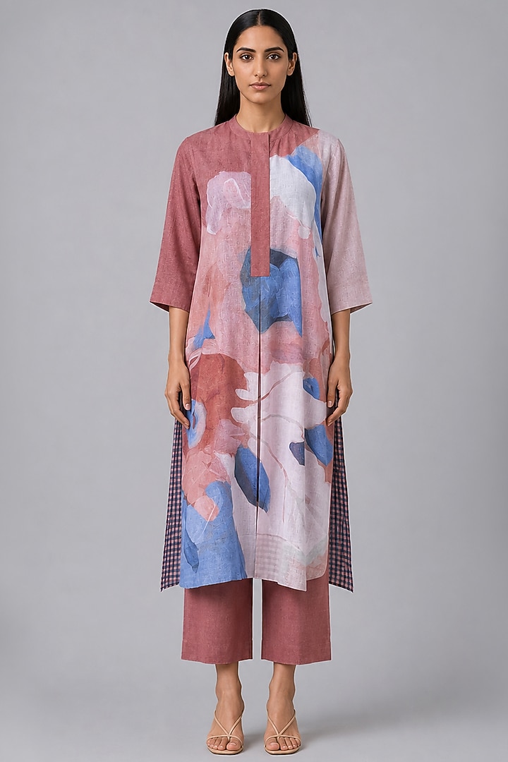 Dusty Berry Korean Linen Vela Printed Kurta Set by CLOS at Pernia's Pop Up Shop