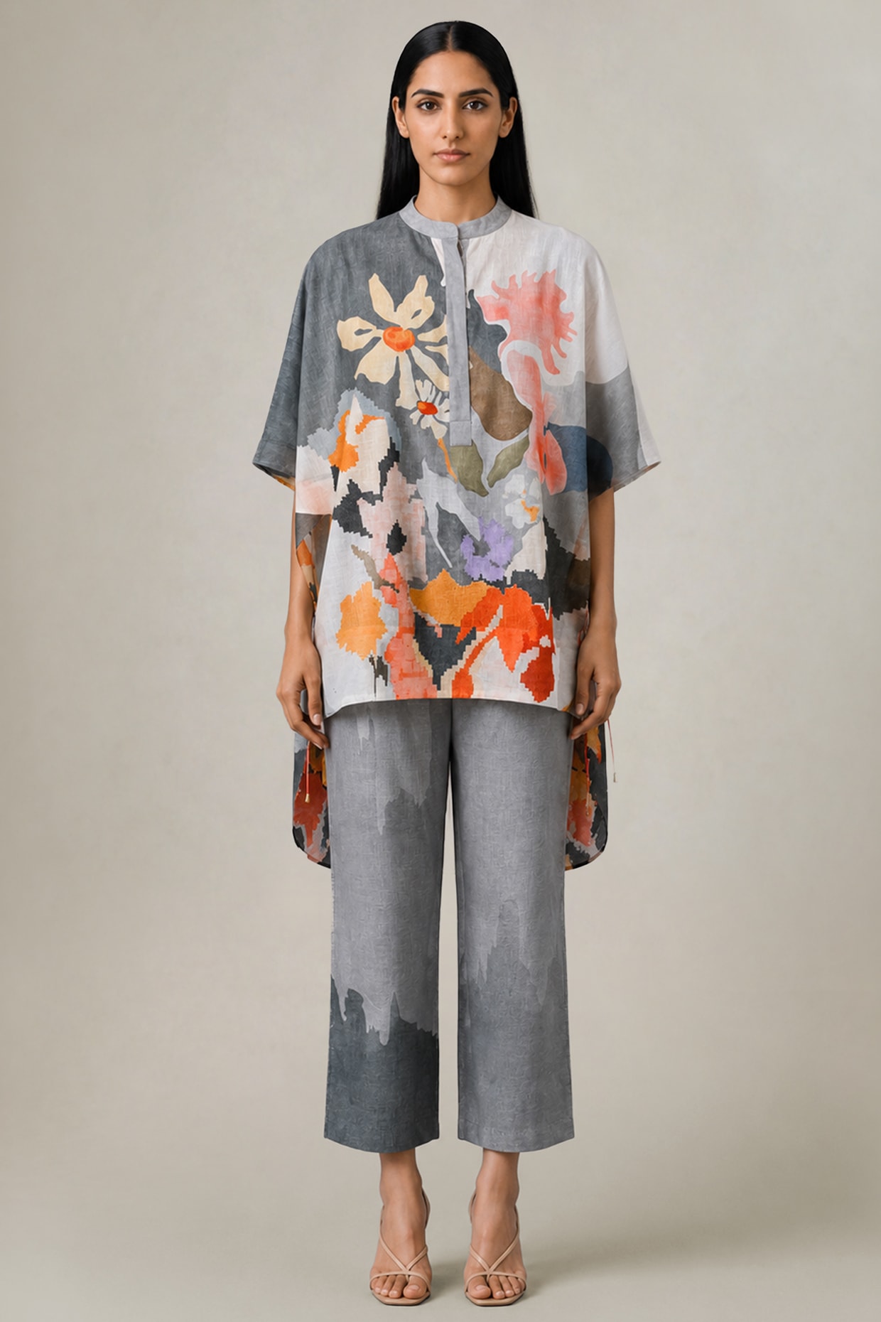 CLOS Slate Ivory Korean Linen Abstract Ikat Printed Co-Ord Set