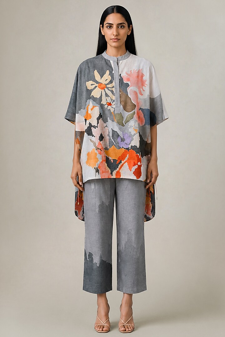 Slate Ivory Korean Linen Abstract Ikat Printed Co-Ord Set by CLOS at Pernia's Pop Up Shop