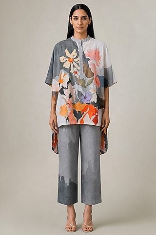 Slate Ivory Korean Linen Abstract Ikat Printed Co-Ord Set by CLOS