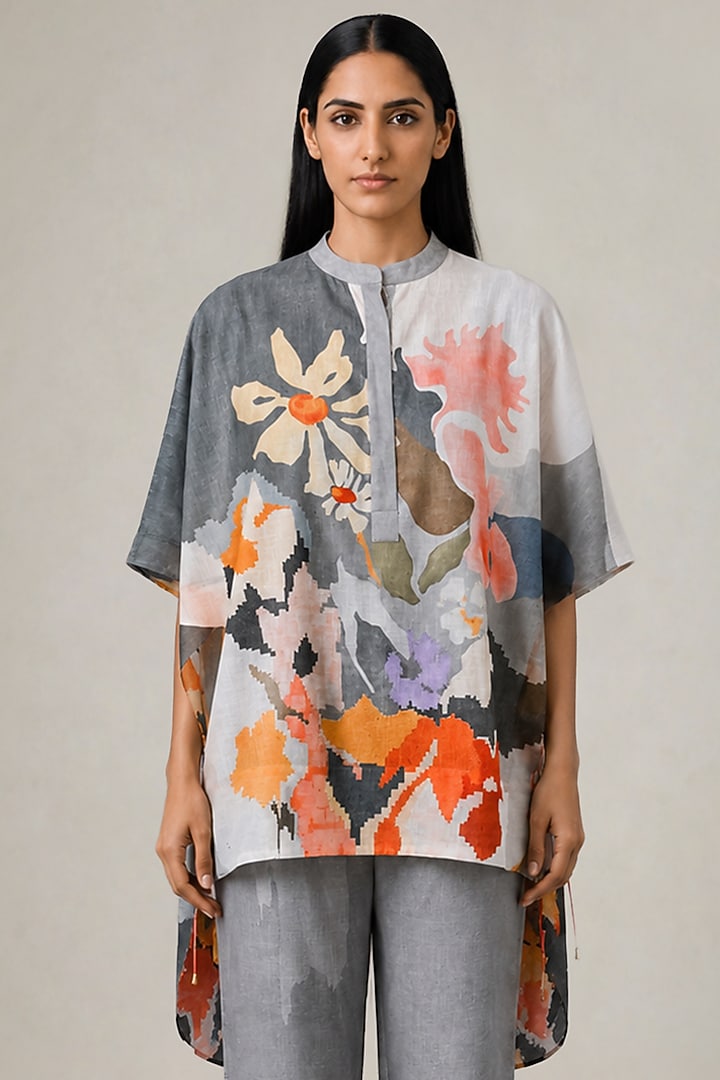Slate Ivory Korean Linen Abstract Ikat Printed Co-Ord Set by CLOS at Pernia's Pop Up Shop