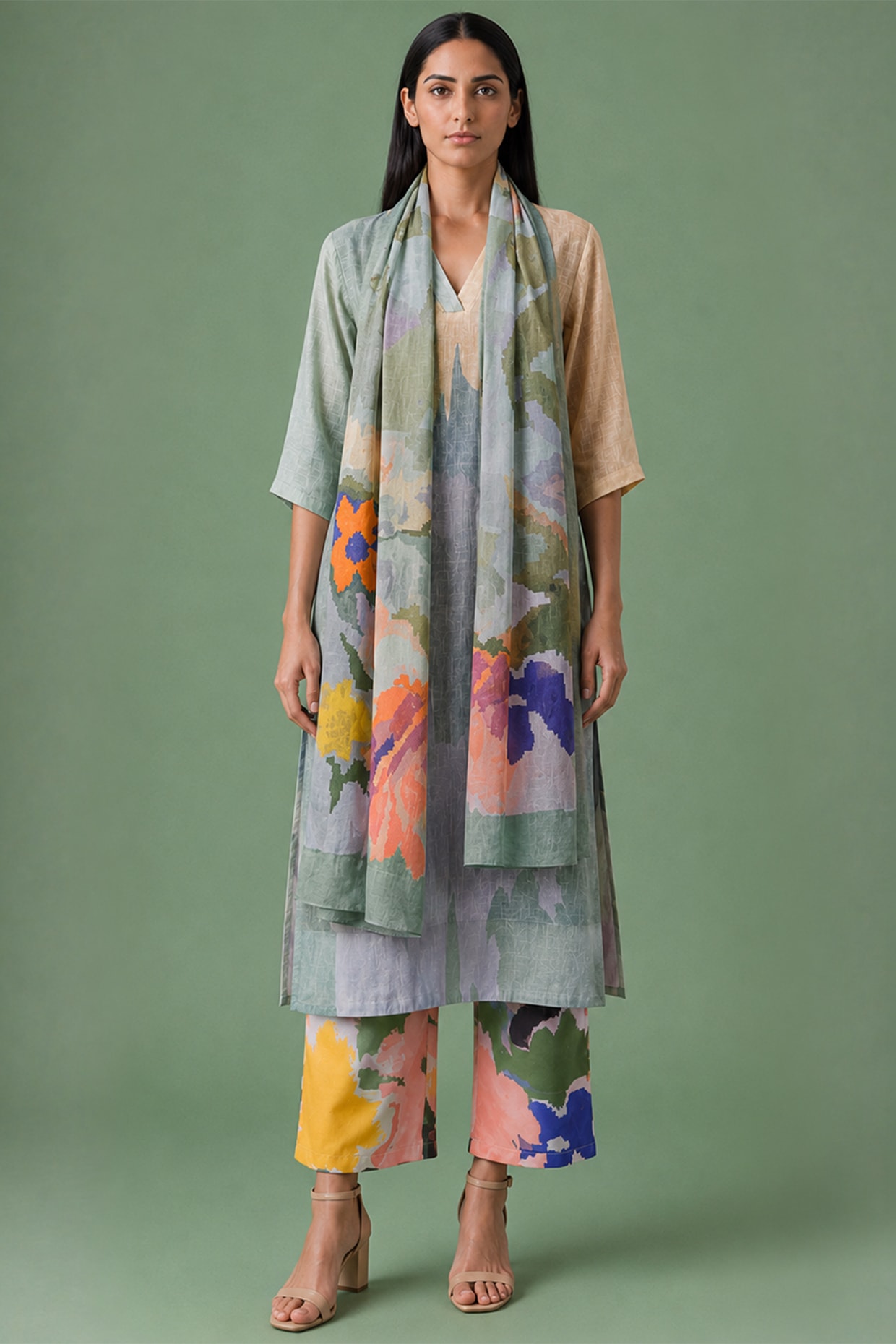 CLOS Sage Olive Korean Linen Floral Printed Kurta Set