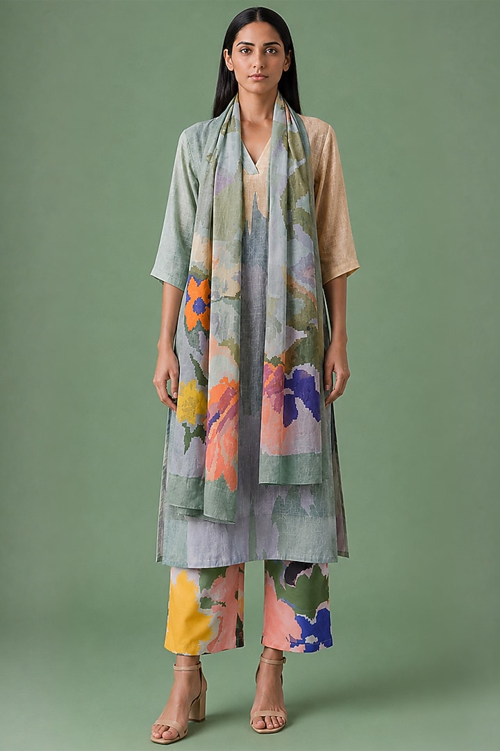 Sage Olive Korean Linen Floral Printed Kurta Set by CLOS at Pernia's Pop Up Shop