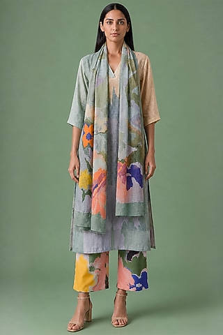 Sage Olive Korean Linen Floral Printed Kurta Set by CLOS