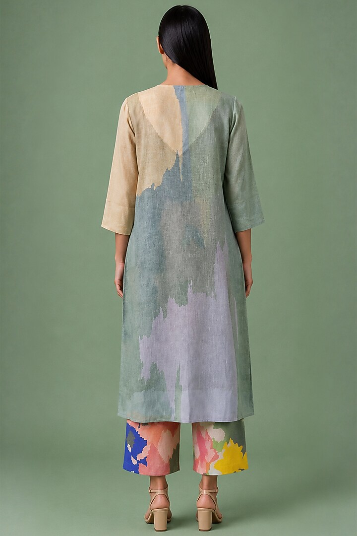 Sage Olive Korean Linen Floral Printed Kurta Set by CLOS at Pernia's Pop Up Shop