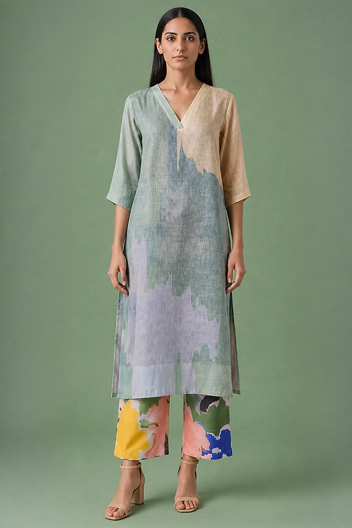 Sage Olive Korean Linen Floral Printed Kurta Set by CLOS at Pernia's Pop Up Shop