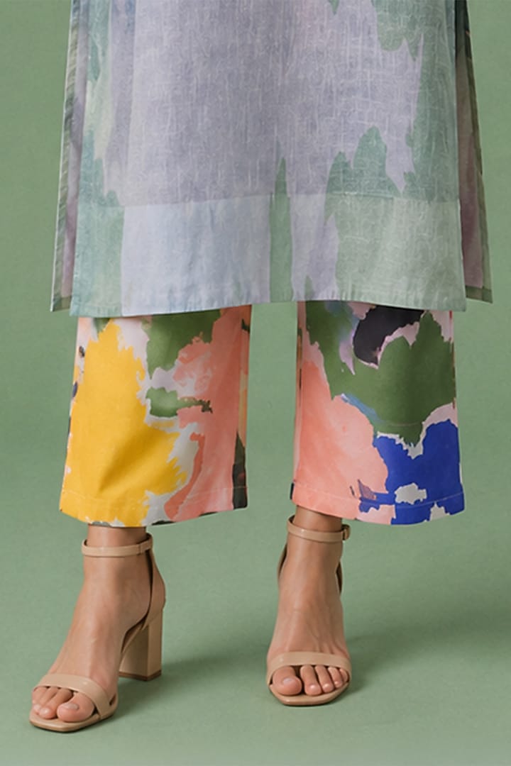 Sage Olive Korean Linen Floral Printed Kurta Set by CLOS at Pernia's Pop Up Shop