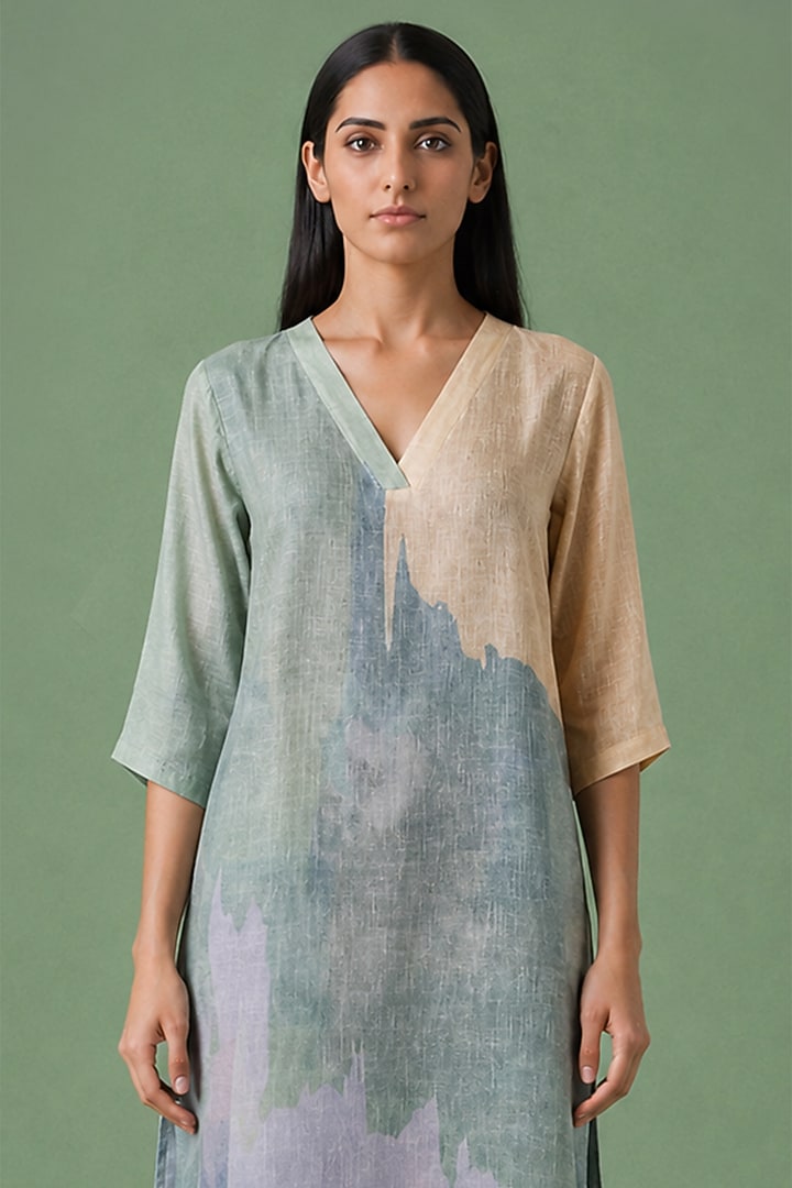 Sage Olive Korean Linen Floral Printed Kurta Set by CLOS at Pernia's Pop Up Shop