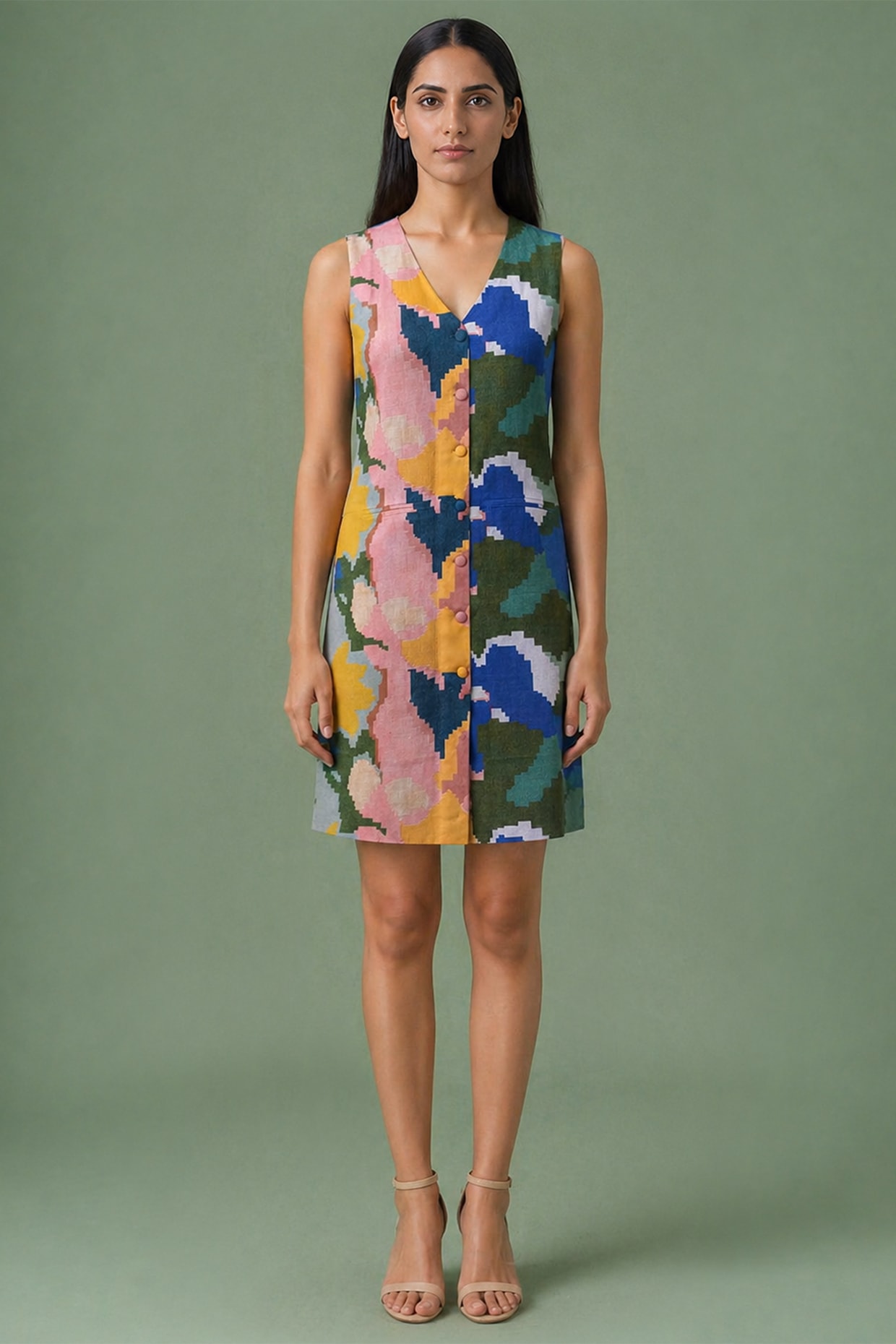 CLOS Sage Olive Green Korean Linen Printed Dress