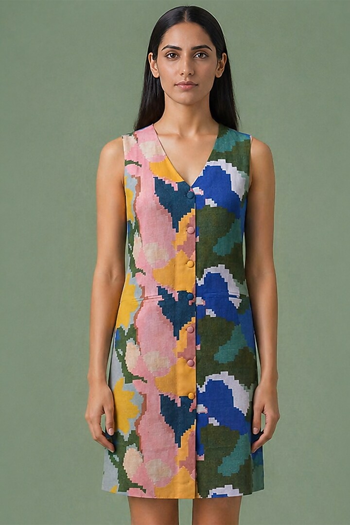 Sage Olive Green Korean Linen Printed Summer Dress by CLOS at Pernia's Pop Up Shop