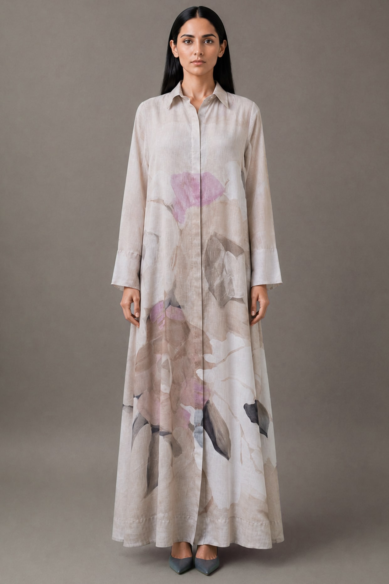 CLOS Pearl Ivory Korean Linen Floral Printed Dress