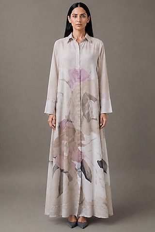 Pearl Ivory Korean Linen Floral Printed Dress by CLOS