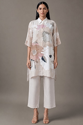 Pearl Ivory Korean Linen Printed Dress by CLOS