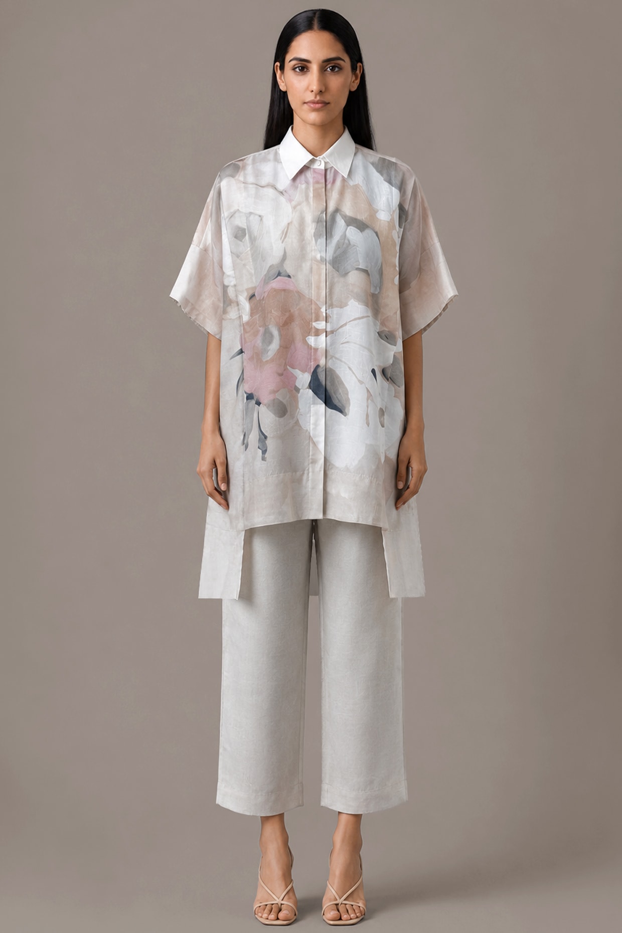 CLOS Pearl Ivory Dupion Silk Floral Printed Co-Ord Set