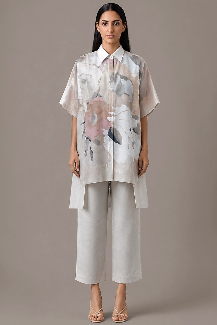 Pearl Ivory Dupion Silk Floral Printed Co-Ord Set by CLOS at Pernia's Pop Up Shop