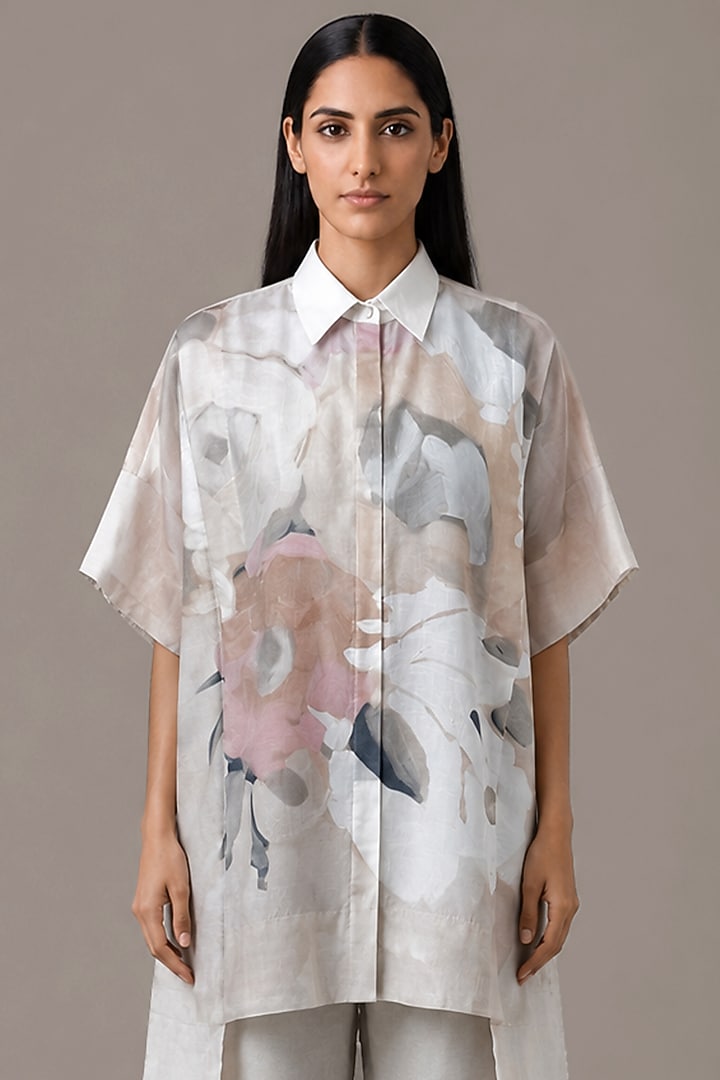 Pearl Ivory Dupion Silk Floral Printed Co-Ord Set by CLOS at Pernia's Pop Up Shop