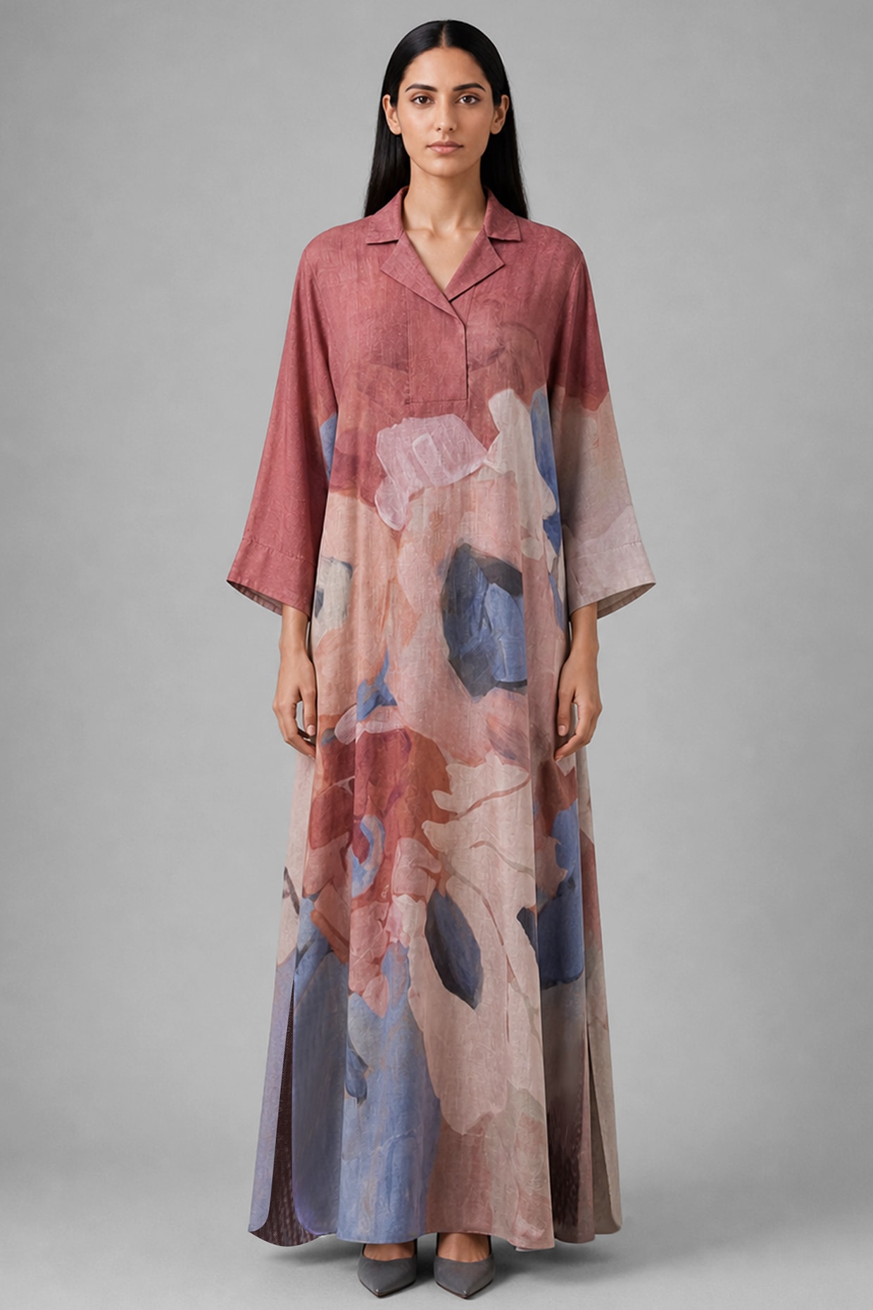CLOS Dusty Berry Korean Linen Abstract Printed Dress