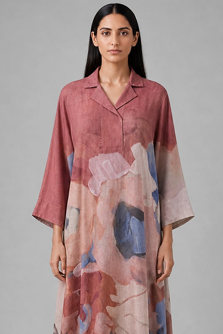 Dusty Berry Korean Linen Abstract Printed Vacation Dress by CLOS at Pernia's Pop Up Shop