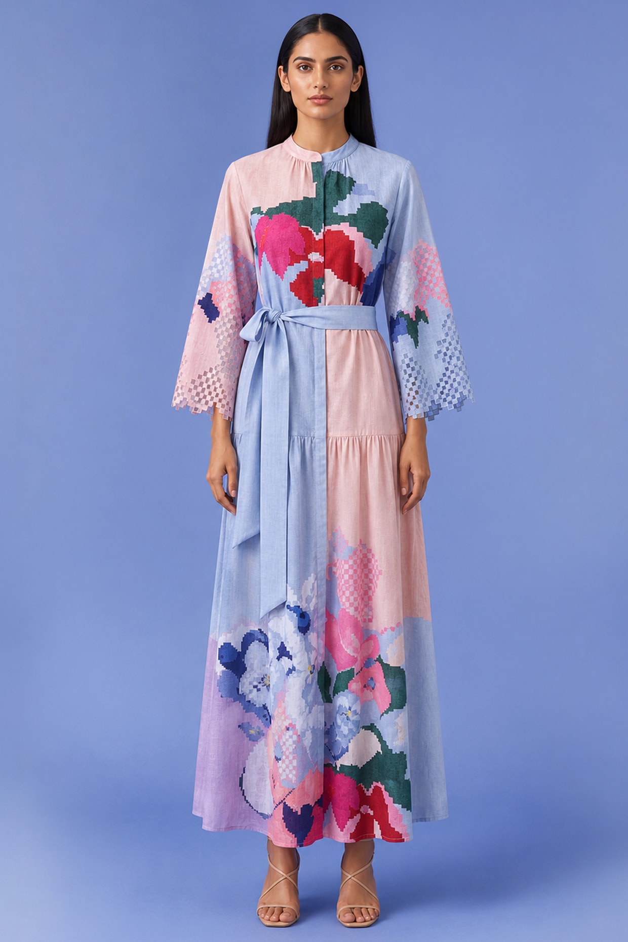 CLOS Powder Blue Korean Linen Abstract Printed Dress
