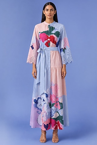 Powder Blue Korean Linen Abstract Printed Dress by CLOS