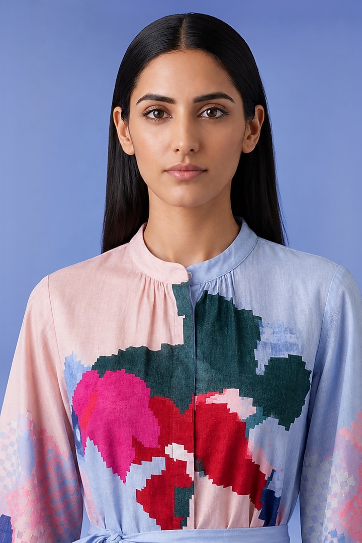 Powder Blue Korean Linen Abstract Printed Vacation Dress by CLOS at Pernia's Pop Up Shop