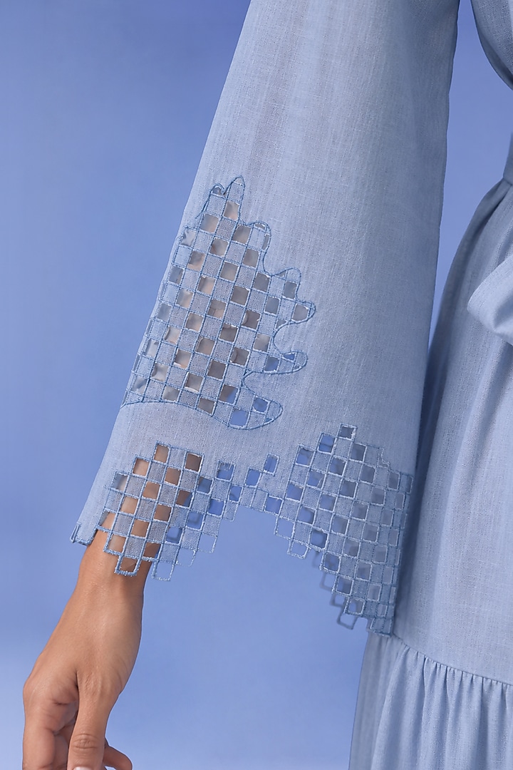 Powder Blue Korean Linen Abstract Printed Vacation Dress by CLOS at Pernia's Pop Up Shop