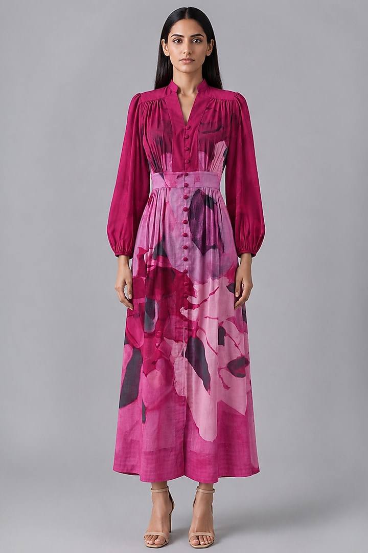 Berry Pink Linen Abstract Printed Vacation Dress by CLOS at Pernia's Pop Up Shop